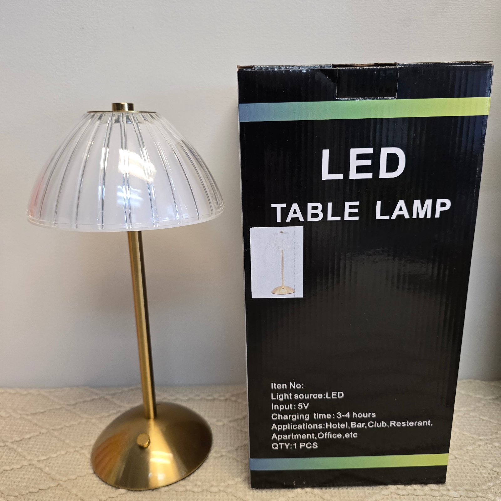 🍄💡 Rechargeable LED Table Lamp with Gold Base and Ribbed Shade